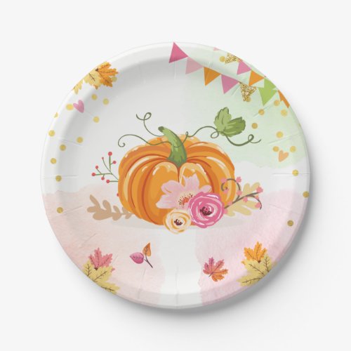 Pumpkin Paper Plates Pink Gold Shower Autumn Fall