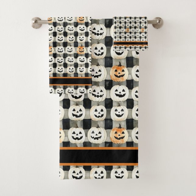Pumpkin Parade – Monochrome Mischief in Checkered  Bath Towel Set (Insitu)