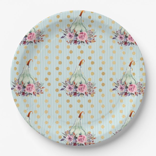 Pumpkin pastel elegant fall floral autumn teal  paper plates (Front)