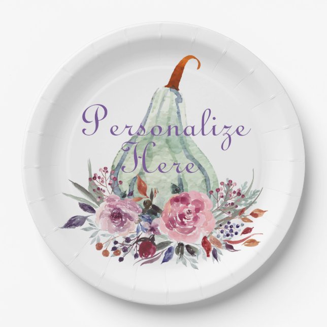 Pumpkin pastel elegant fall floral autumn teal  paper plates (Front)