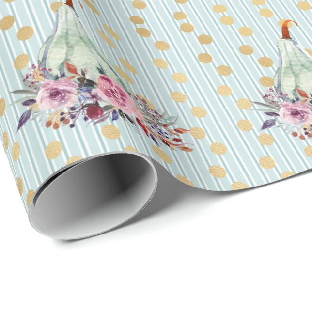 Pumpkin pastel elegant fall floral autumn teal wrapping paper (Roll Corner)