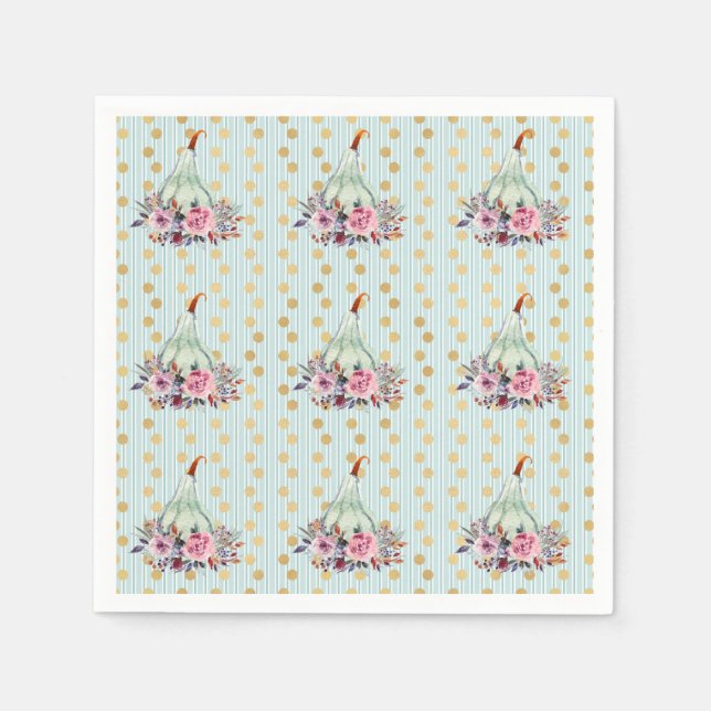 Pumpkin pastel elegant fall floral  teal gold pink napkins (Front)