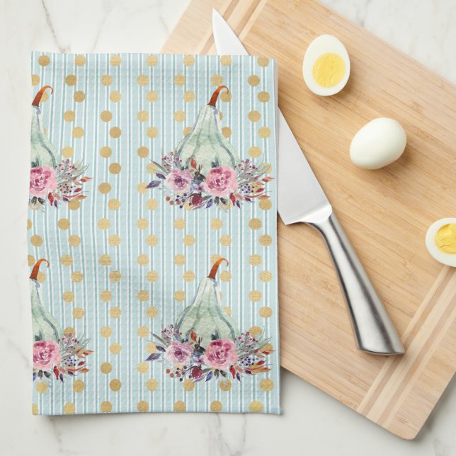 Pumpkin pastel fall floral teal gold dot pattern  kitchen towel (Quarter Fold)