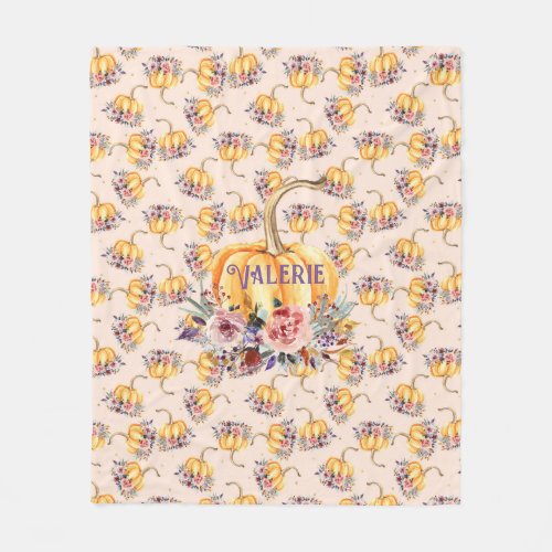 Pumpkin pastel peach gold polka dot floral fall fleece blanket