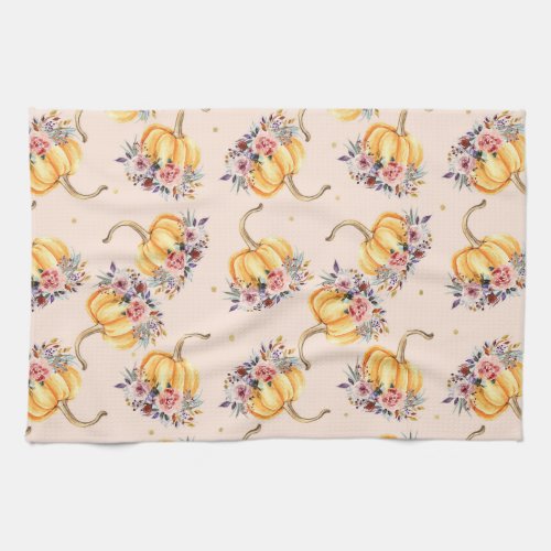 Pumpkin pastel peach gold polka dot floral fall kitchen towel