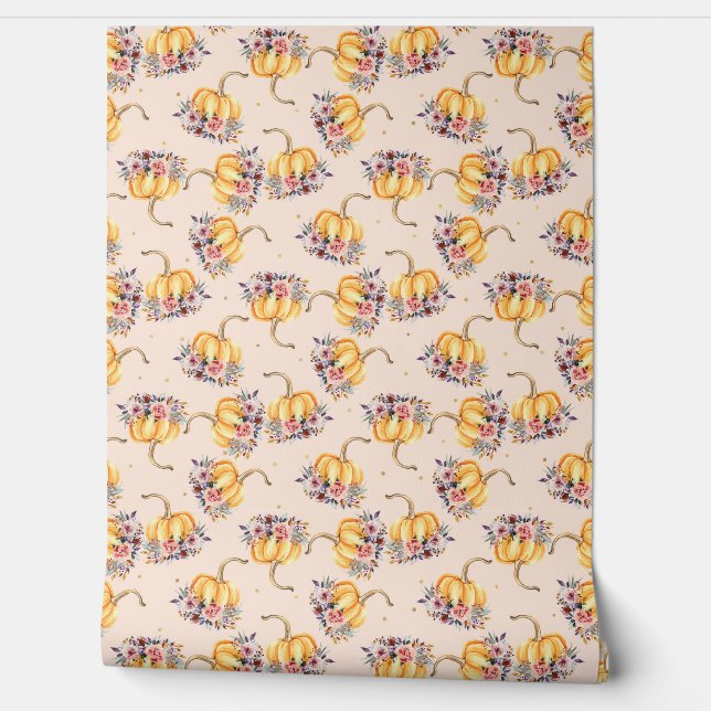 Pumpkin pastel peach gold polka dot floral fall wallpaper  (Unrolling)