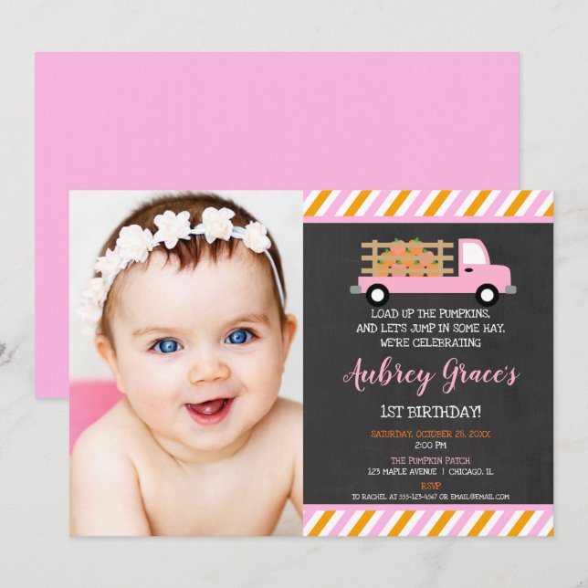Pumpkin patch 1st first birthday fall girl photo invitation (Front/Back)