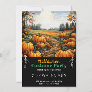 Pumpkin Patch and Orange Leaves Black Halloween Invitation