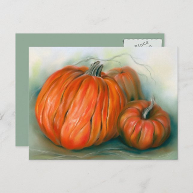 Pumpkin Patch Autumn Trio Pastel Art Postcard (Front/Back)