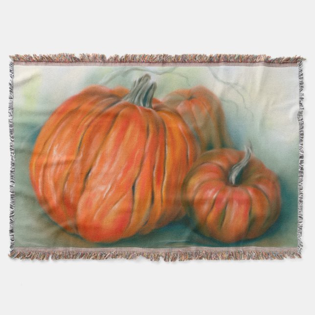 Pumpkin Patch Autumn Trio Pastel Art Throw Blanket (Front)