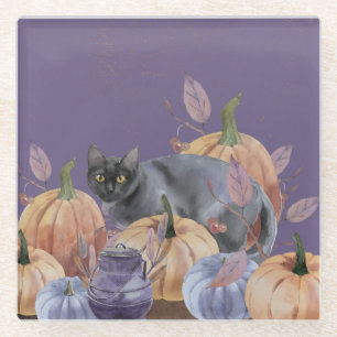 Pumpkin Patch Black Cat Glass Coaster