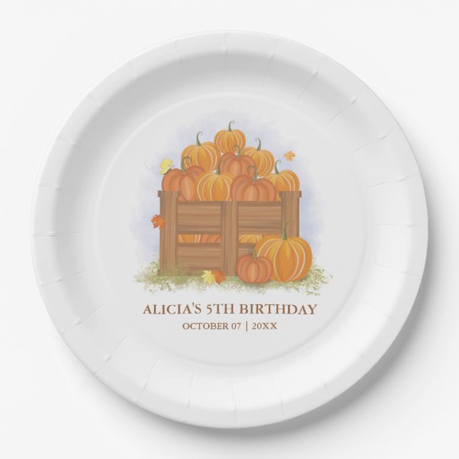 Pumpkin Patch Butterfly Fall Leaves Birthday Paper Plates (Front)