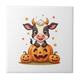 Pumpkin Patch Cow Ceramic Tile
