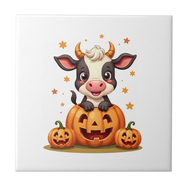 Pumpkin Patch Cow Ceramic Tile (Front)