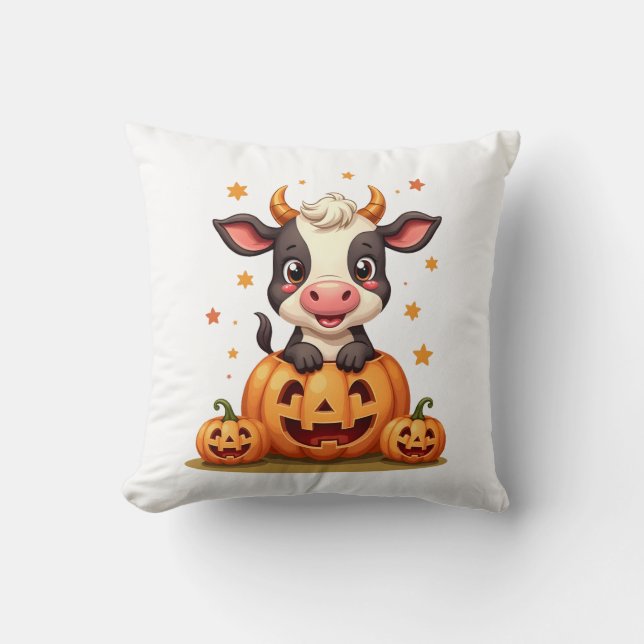 Pumpkin Patch Cow Throw Pillow (Front)
