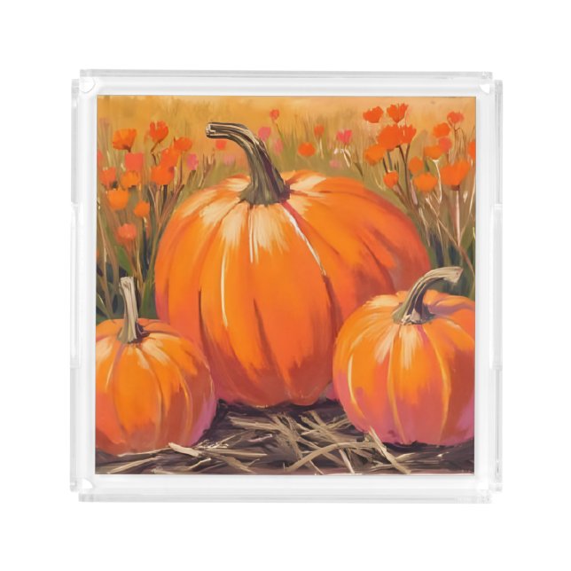 Pumpkin Patch Fall Foliage Watercolor Acrylic Tray (Front)