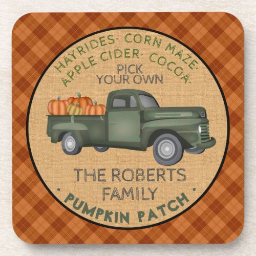Pumpkin Patch Farm Rustic Fall Plaid Vintage Truck Beverage Coaster