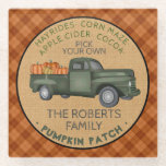 Pumpkin Patch Farm Rustic Fall Plaid Vintage Truck Glass Coaster<br><div class="desc">Green truck made in vintage style with pumpkins | Rustic fall farmhouse look with orange buffalo plaid and faux burlap | Personalized pumpkin patch design | Perfect for your autumn decor! | Easy templates for your personalized text</div>