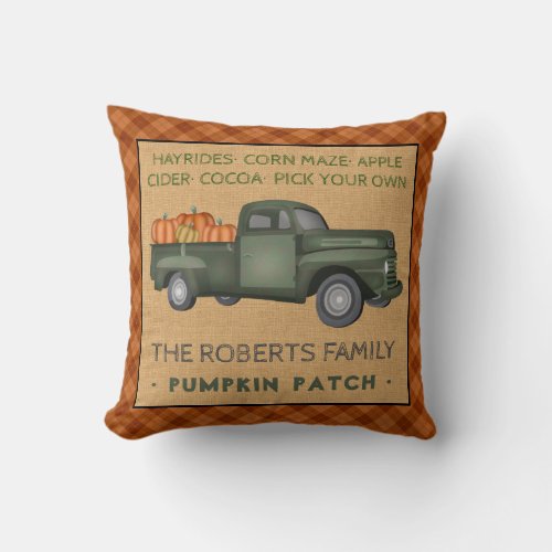 Pumpkin Patch Farm Rustic Fall Plaid Vintage Truck Throw Pillow