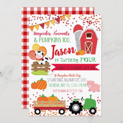 Pumpkin Patch Farmer Boys Red Gingham Birthday Invitation