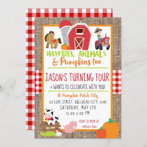 Pumpkin Patch Farmer Boys Red Gingham Birthday Invitation