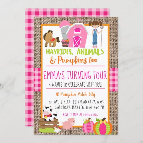 Pumpkin Patch Farmer Girls Pink Gingham Birthday Invitation