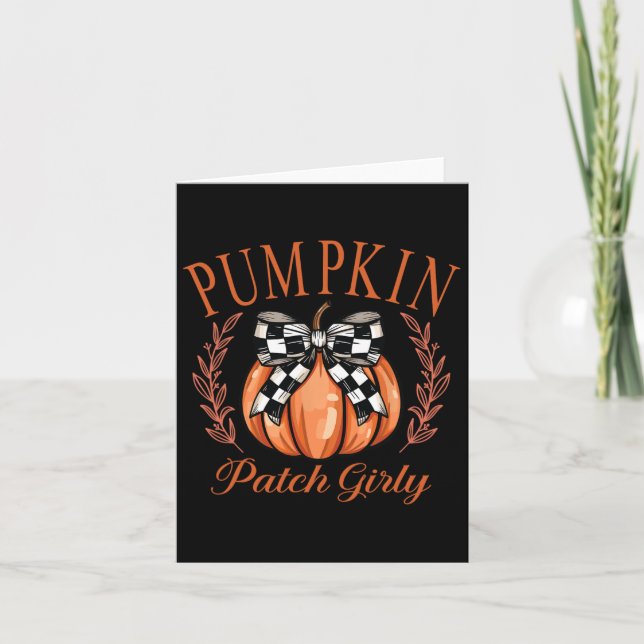 Pumpkin Patch Girly Checkered Coquette Bow Thanksg Card (Front)