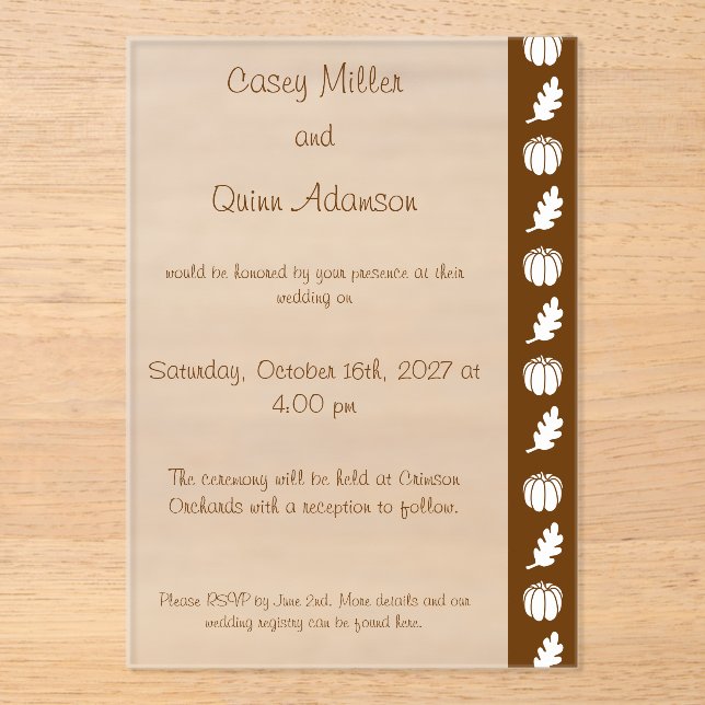 Pumpkin Patch in Chocolate Acrylic Wedding  Invitations (Front)