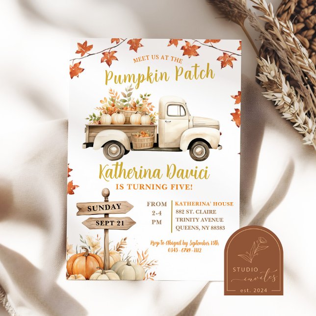 Pumpkin Patch Maple Leaves Birthday Girl Invitation (Creator Uploaded)