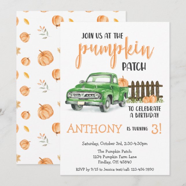 Pumpkin Patch Old Truck Birthday Party Any Age Invitation (Front/Back)