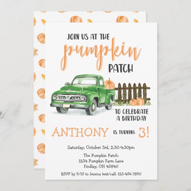 Pumpkin Patch Old Truck Birthday Party Any Age Invitation (Front/Back)