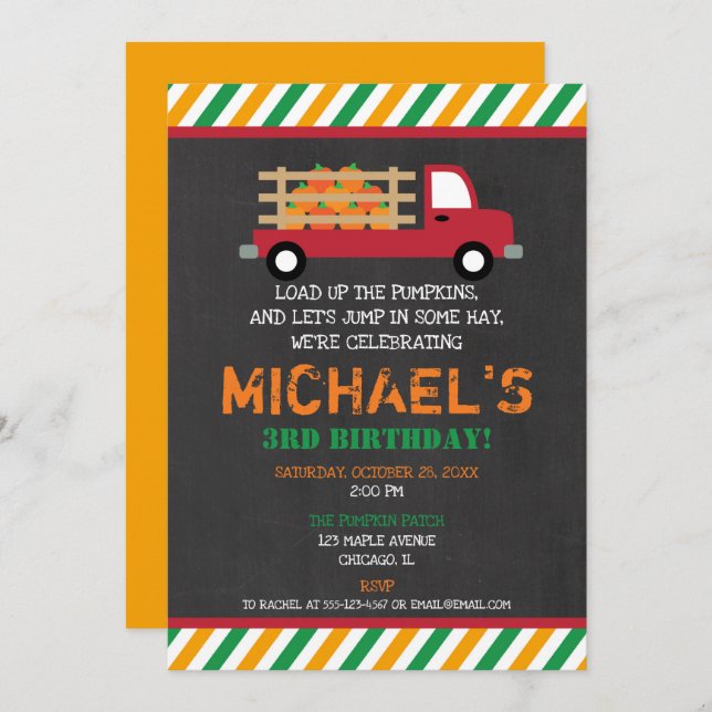 Pumpkin patch orange green boy birthday invitation (Front/Back)