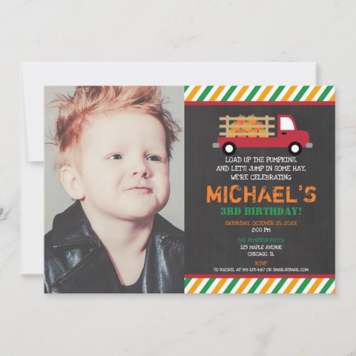 Pumpkin patch orange green red truck boy birthday invitation