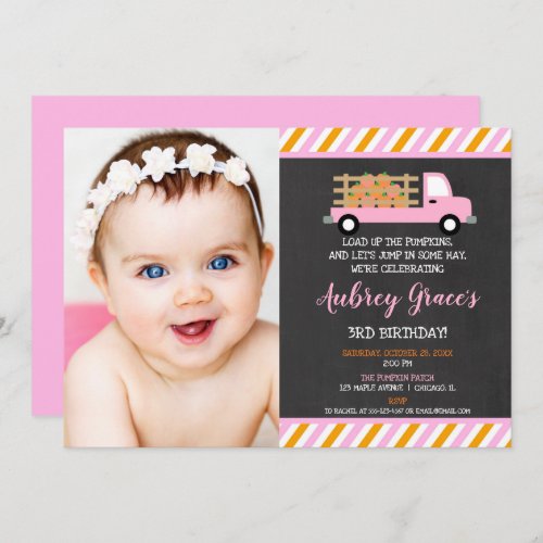 Pumpkin patch orange pink girl fall birthday photo invitation