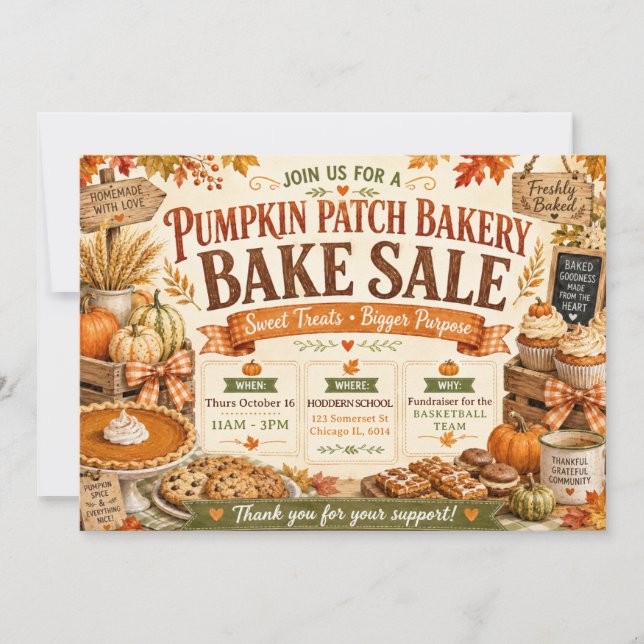 Pumpkin Patch Rustic Fall Harvest Bake Sale Invitation (Front)