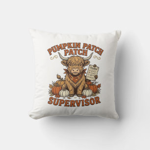 Pumpkin Patch Supervisor Highland Cow Vintage Shir Throw Pillow