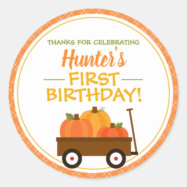 Pumpkin Patch Wagon Birthday Favor Classic Round Sticker (Front)