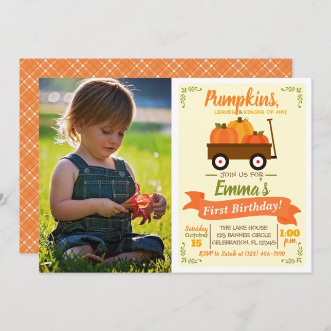 Pumpkin Patch Wagon Fall Photo Birthday Invitation (Front/Back)