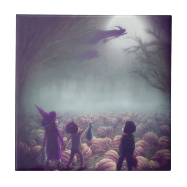 Pumpkin Patch Witches Flying Past Trick-Or-Treater Ceramic Tile (Front)