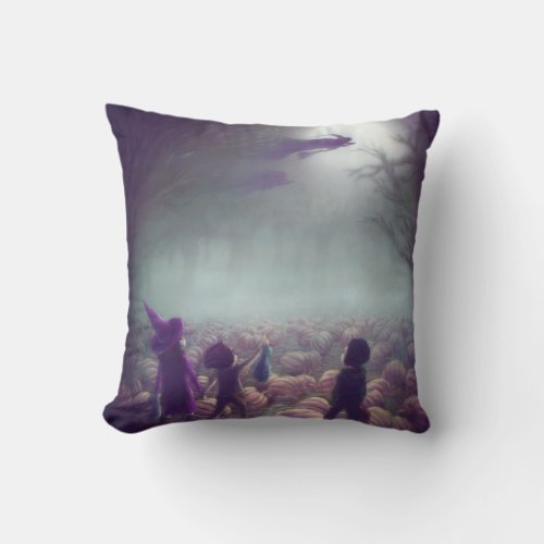 Pumpkin Patch Witches Flying Past Trick_Or_Treater Throw Pillow