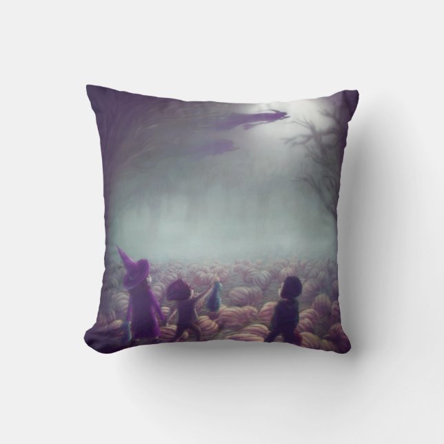 Pumpkin Patch Witches Flying Past Trick-Or-Treater Throw Pillow (Front)