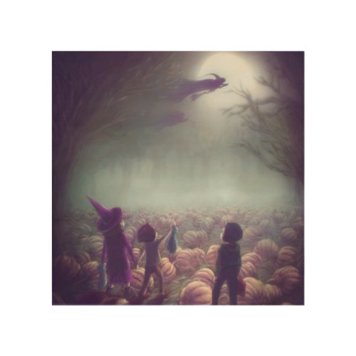 Pumpkin Patch Witches Flying Past Trick_Or_Treater Wood Wall Art