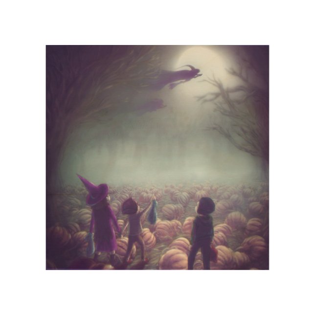 Pumpkin Patch Witches Flying Past Trick-Or-Treater Wood Wall Art (Front)