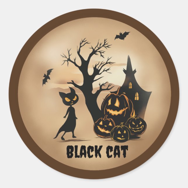 “Pumpkin Patch with a Black Cat “ Classic Round Sticker (Front)