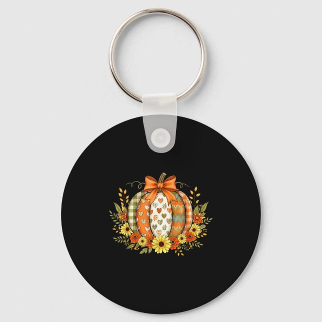 Pumpkin Patchwork Flower Thanksgiving Autumn Fall  Keychain (Front)