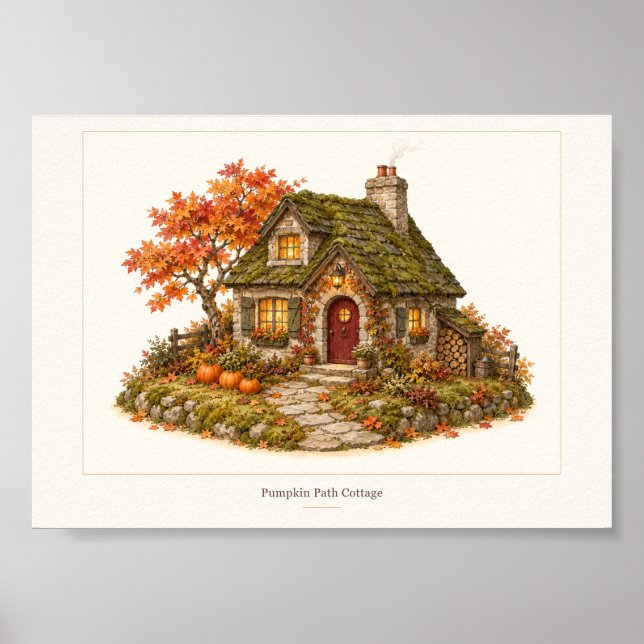 Pumpkin Path Autumn Cottage Art Poster (Front)