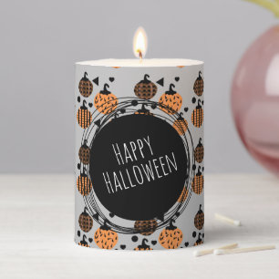 Pumpkin Pattern Happy Halloween Black Gray Pillar Candle