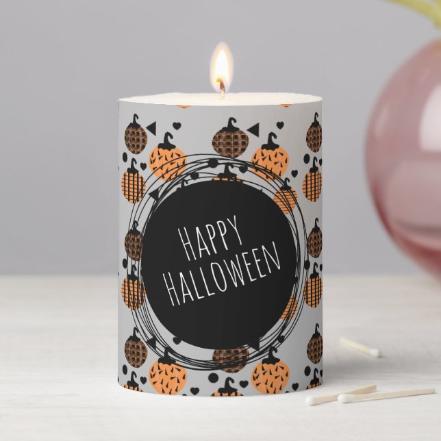 Pumpkin Pattern Happy Halloween Black Gray Pillar Candle (In Situ)