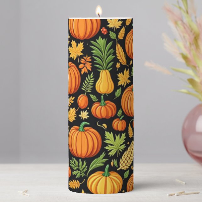 Pumpkin Pattern Harvest Day Autumn Pillar Candle (In Situ)