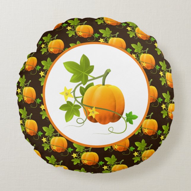 Pumpkin Pattern on Dark Brown Fall Season Round Pillow (Front)